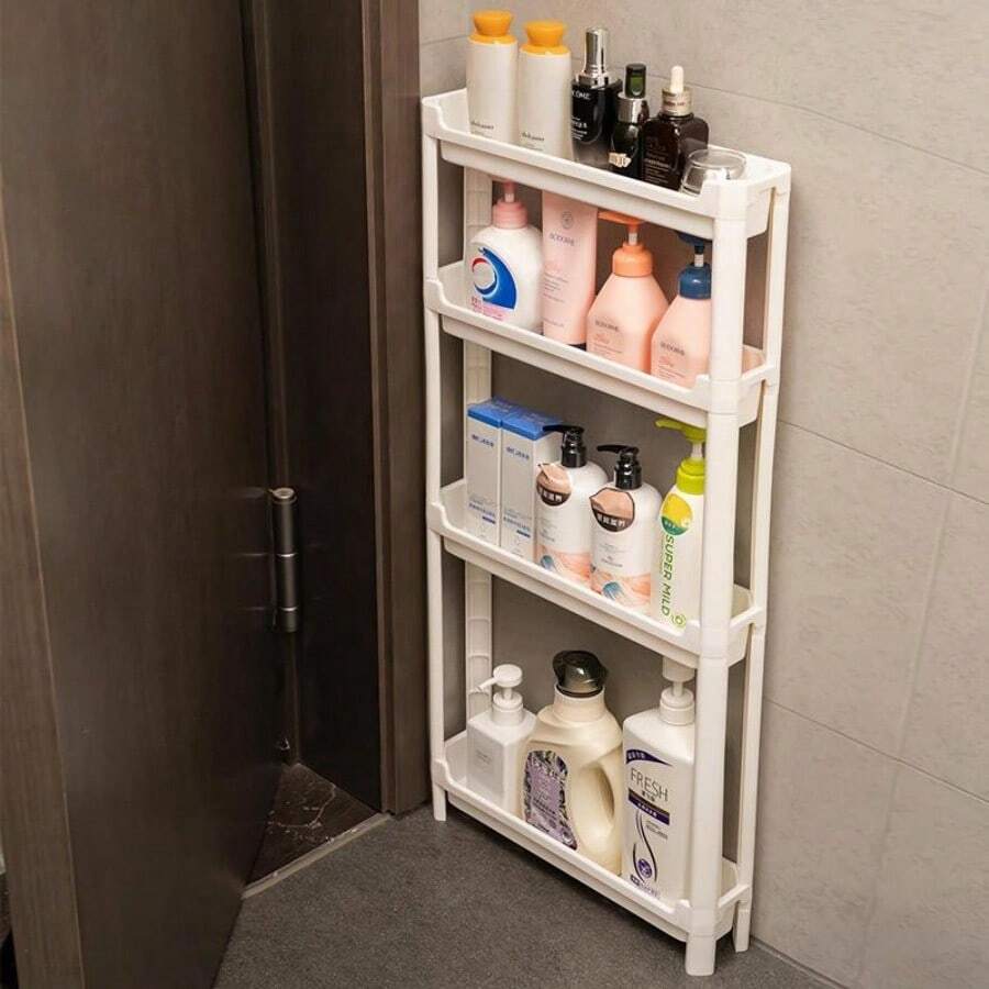 Space Saving 3/4 Layers Narrow Storage Basket With Wheels, 1 Count Portable Storage Basket, Storage Organizer For Laundry Room, Kitchen & Dining Room - White - View 1