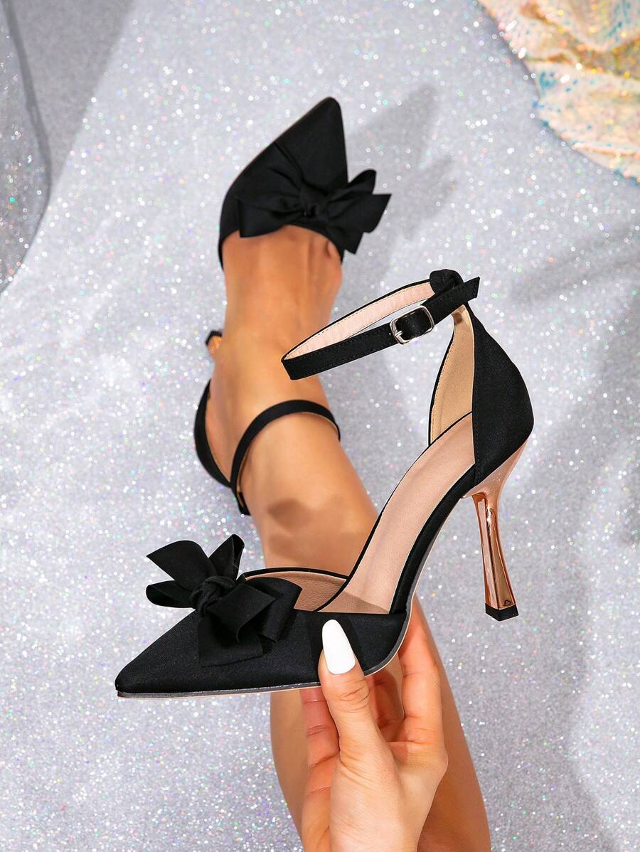 Fall/Winter Elegant Bow Decor Pointed Toe High Heel Shoes, Color Block Stilettos With Buckle Closure, Suitable For Party, Holiday, Valentine's Day Valentines,Elegant