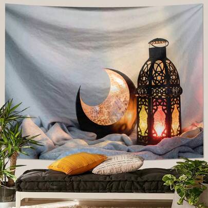 1 pieza Tapiz rectangular de poliéster con luna creciente, linterna, decoración colgante, para decoración de paredes de sala de estar, dormitorio, oficina, cocina, decoración del hogar y fiestas, incluye 3 clavos de pared y 2 clips