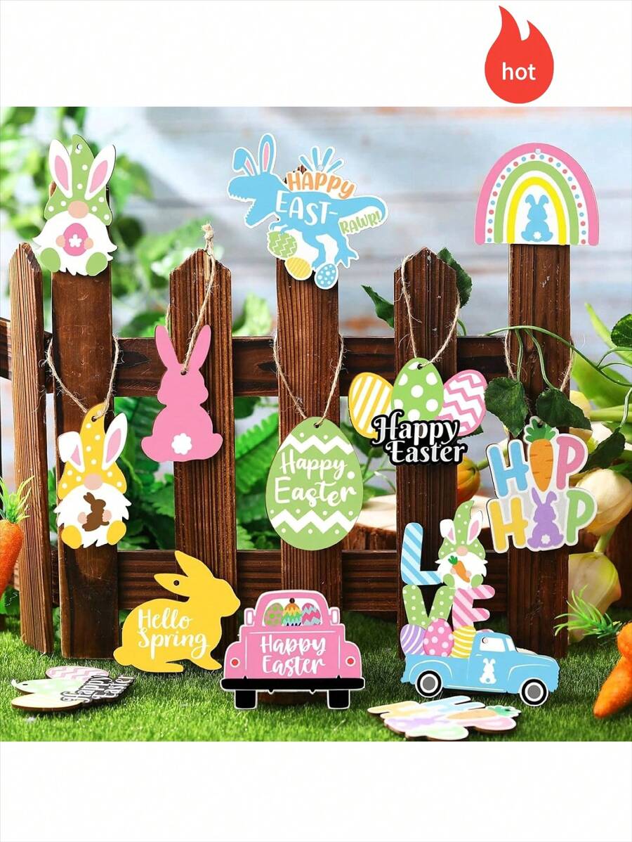 12pcs/24pcs/36pcs Easter Wooden Decorations, Happy Easter Eggs, Rabbit & Carrot Wooden Hanging Ornaments, Spring Easter Wooden Slice Decorations, For Easter Party, Home, Classroom Decor Easter Decorations Easter Decor Party Gift Gifts Birthday Graduation