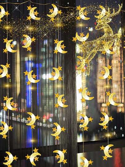 1.5米/3米/6米（10/20/40颗LED灯）三星月亮串灯，迷你月亮星星仙女夜灯，新月形，周围环绕星星，灯笼造型，电池供电（不含电池），创意装饰灯，适用于圣诞节装饰、派对、室内、室外、儿童房、生日、卧室、万圣节、感恩节、花园、中国新年、新年、婚礼（彩色灯/暖光）