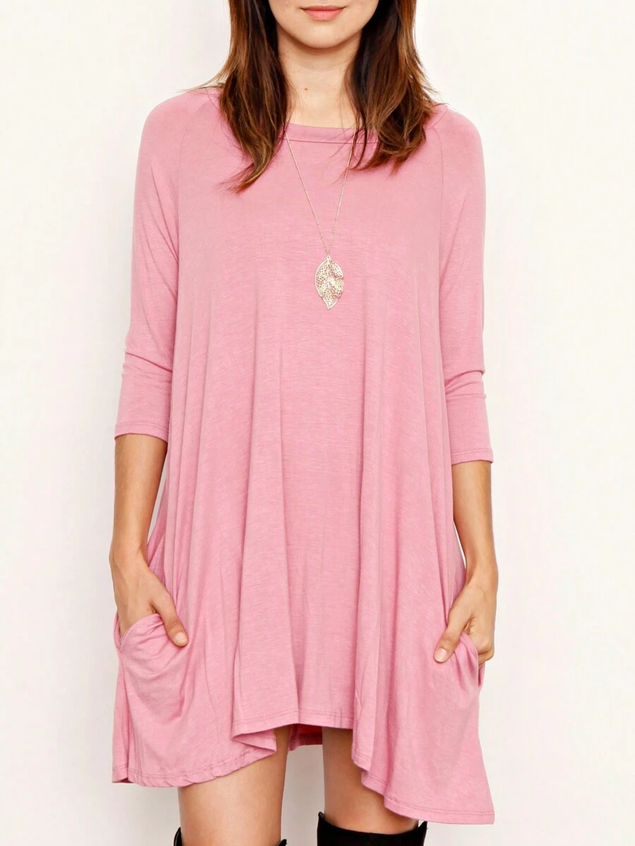 Boho Retro Solid Rayon Cool  Color Mini Dress Short Sleeves Grey Charcoal Olive Navy Small To 3XL Plus Curvy - 藕粉色 - 查看 1