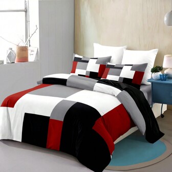 3pcs Red Black And Grey Plaid Pattern Duvet Cover Set (1*Duvet Cover + 2*Pillowcases,Without Core), Fashionable Pattern Bedding Room Decoration, Soft And Comfortable Bedding Set