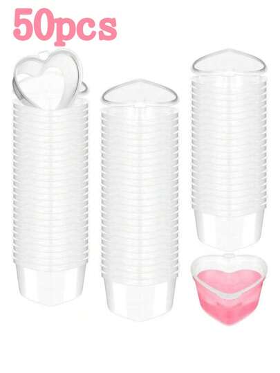 طقم أكواب بلاستيكية قابلة للتخلص منها ذات أشكال قلبية مع أغطية منع تسرب، مناسبة لحفظ الكريمات والهلام والصلصات والسلطات والبودنج والمكملات، مناسبة للاستخدام في مشاريع DIY للخرز والطين الناعم، للاستخدام في عيد الميلاد