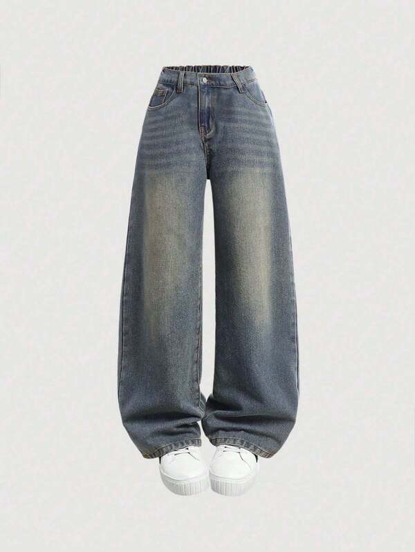 Tween-Mädchen Lässige Jeans mit weitem Bein und verwaschenem Vintage-Look