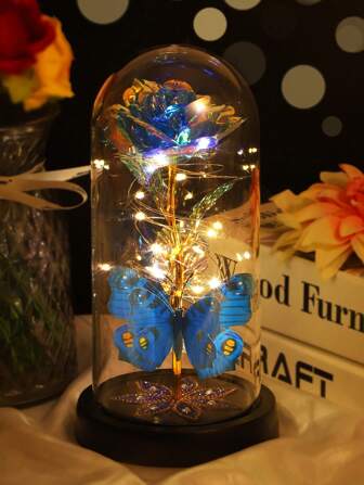 1朵永生玫瑰花灯，LED灯箔花，仿真蝴蝶装饰，情人节礼物，生日婚礼派对家居装饰（不含电池）