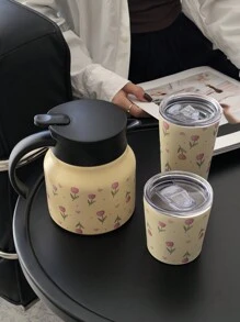 1 pezzo Teiera in acciaio inossidabile con doppia parete, da 800ml, con motivo a tulipani rosa, adatta per ufficio, ristorante, all'aperto, scuola ecc. Ottimo regalo per Natale, San Valentino, Festa della mamma, Ritorno a scuola