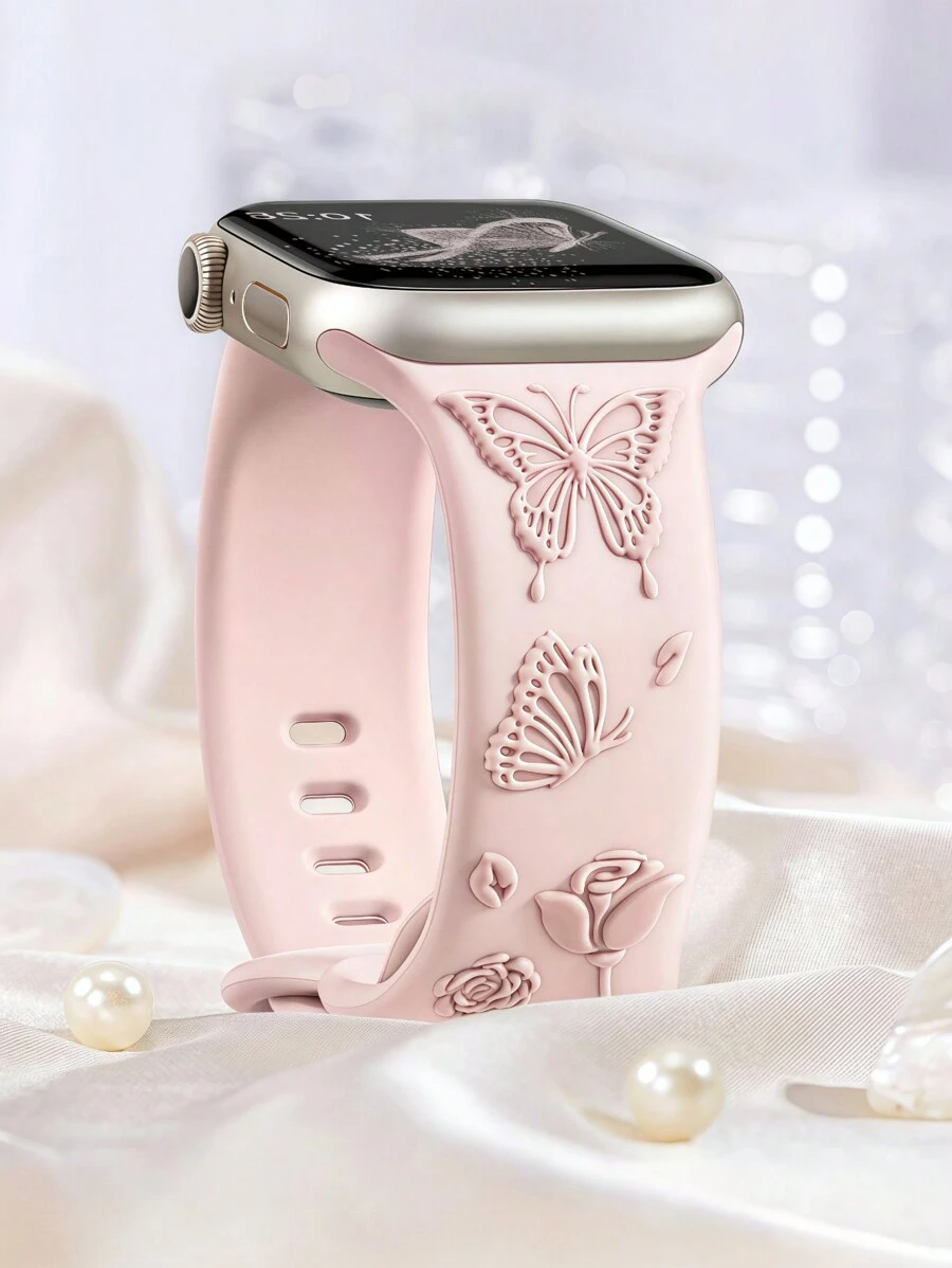 Dây đeo đồng hồ khắc hoa 3D tương thích với Apple Watch 49mm 46mm 45mm 44mm 42mm 41mm 40mm 38mm, Dây đeo silicon thể thao chống nước hình bướm và hoa, dây đeo thay thế tương thích với Series 11 10 9 8 7 6 5 4 3 2 1 SE dành cho nữ