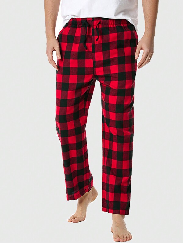 1 pièce Pantalon de pyjama à carreaux noirs et rouges vintage pour hommes - Ample, confortable, avec poches