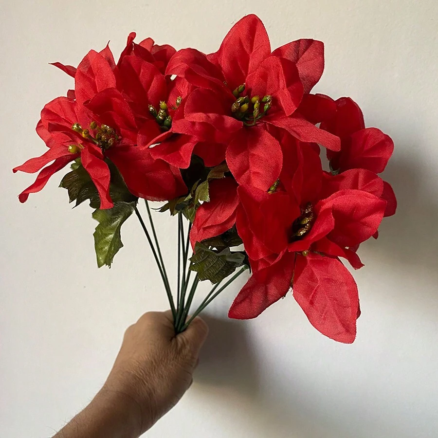 10 件/套逼真单枝人造一品红花适用于家庭办公室圣诞装饰、婚礼生日花束