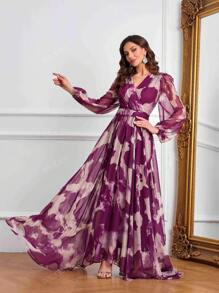 Women's V-Neck Crossed Wrap Elegant Long Sleeve Random Printed Dress