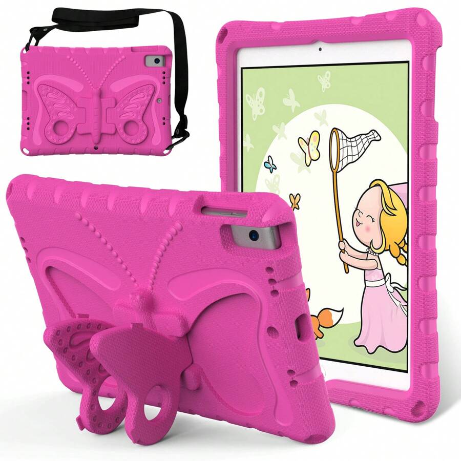 1pc Lavender Butterfly Stand With Shoulder Strap EVA Tablet Protective Case, With Stand Function, Compatible With Ipad Mini4/5, Mini6/7, Air1/2, Air4/5/6/7, IPad10/11th, Pro11(2018-2022), Pro11(2024), Pro12.9/Air13/Pro13, Pro10.2/10.5, A8, A9, A9+, S9/S9FE/S10FE, X8A/X9 - Hot Pink - View 1