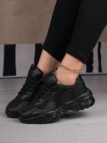 Nuevas zapatillas de moda con suela gruesa, zapatillas gruesas de estilo de tendencia, zapatos casuales versátiles con cordones, cómodos zapatos de alta resistencia al desgaste y talla grande para damas en el comercio transfronterizo - Negro - Ver 1