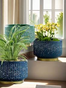 INS Nordic Vertical Striped Ceramic Planter, Lightweight Luxury Minimalist, Green Plant Flower Pot, Large Diameter, Succulent, Philodendron, Rose Decor Flower Pot, Blue & Green