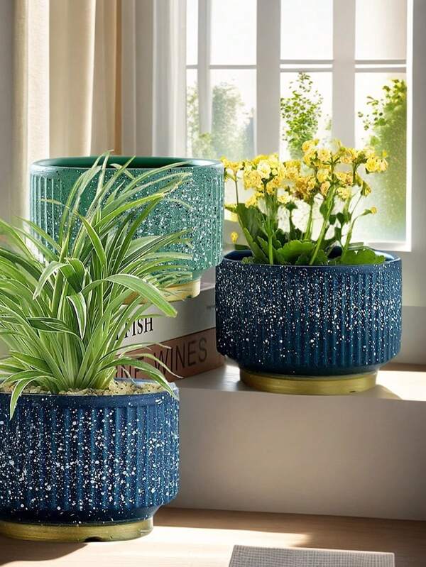 INS Nordic Vertical Striped Ceramic Planter, Lightweight Luxury Minimalist, Green Plant Flower Pot, Large Diameter, Succulent, Philodendron, Rose Decor Flower Pot, Blue & Green