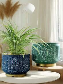 INS Nordic Vertical Striped Ceramic Planter, Lightweight Luxury Minimalist, Green Plant Flower Pot, Large Diameter, Succulent, Philodendron, Rose Decor Flower Pot, Blue & Green