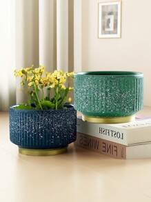 INS Nordic Vertical Striped Ceramic Planter, Lightweight Luxury Minimalist, Green Plant Flower Pot, Large Diameter, Succulent, Philodendron, Rose Decor Flower Pot, Blue & Green