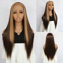 26Inch Gorgeous Pre Plucked Glueless Long Straight Synthetic HD Lace Wigs Blonde Skunk Stripe Hair Wig Heat Resistant Synthetic Lace Front Wigs For Fashion Women Girls 13x4 Lace Wig Party Cosplay Daily Wear