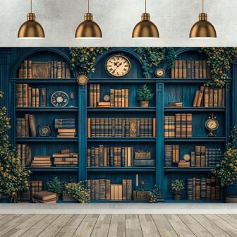 Vintage Library Bookshelf Photography Background, Polyester Multi Purpose Bookshelf Wall Banner With Flower Decoration, Universal Festival Decoration, Used For Party And Home Decoration, 1 Piece