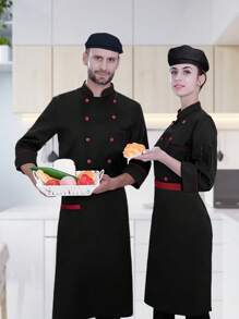 Set 3 Piezas Chaqueta De Chef Unisex De Manga Larga, Paquete Chef + Gorro De Cocina + Mandil, Uniforme De Chef De Cocina, Manga Larga, Rayas De Moda