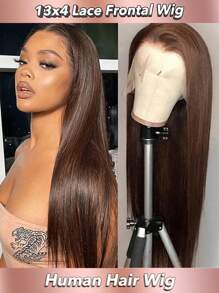 4# Chocolate Dark Brown Brazilian Lace Front Wig Silky Straight Remy Human Hair 13x4 Transparent Lace Frontal Wigs For Women 180% Density Pre Plucked Natural Hairline Tiny Invisible Knots