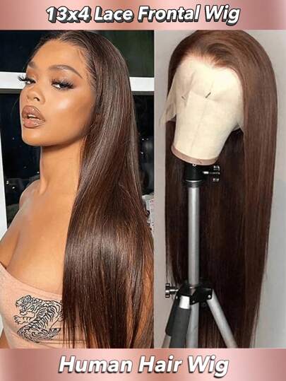 4# Chocolate Dark Brown Brazilian Lace Front Wig Silky Straight Remy Human Hair 13x4 Transparent Lace Frontal Wigs For Women 180% Density Pre Plucked Natural Hairline Tiny Invisible Knots