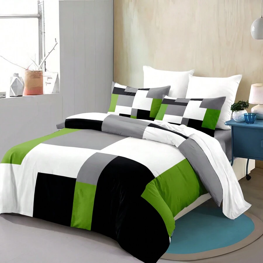 Bộ 3 vỏ chăn họa tiết kẻ caro xanh đen xám (1 vỏ chăn + 2 vỏ gối, không có lõi), trang trí phòng ngủ họa tiết thời trang, bộ chăn ga mềm mại và thoải mái - Nhiều màu - Xem 1