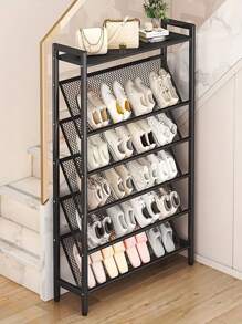 4-Tier Metal Shoe Rack, High Capacity Top Shelf Storage Rack, Steel Grid Frame Shoe Cabinet, Easy Assemble Entrance Shoe Organizer Rack, Stackable, Black - Black - View 1