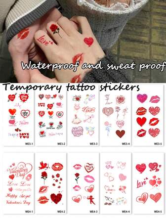 Set de 5 tatuajes temporales de labios rojos con motivos de amor, confesiones de pareja, resistentes al agua y al sudor, con motivos de cupido, labios rojos y otros patrones para crear un ambiente romántico