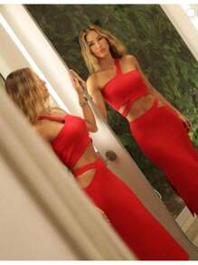Modal Side Slit Midi Skirt Set And Cropped Mula Manca Trico Moda Gringa One Strap Moura Tricot - Đỏ - Xem 5