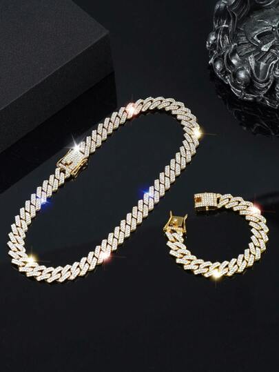 1 Necklace + 1 Bracelet Hip Hop Style Jewelry Set Cuban Chain Design Paved Blingbling Rhinestone Suitable For Men And Women