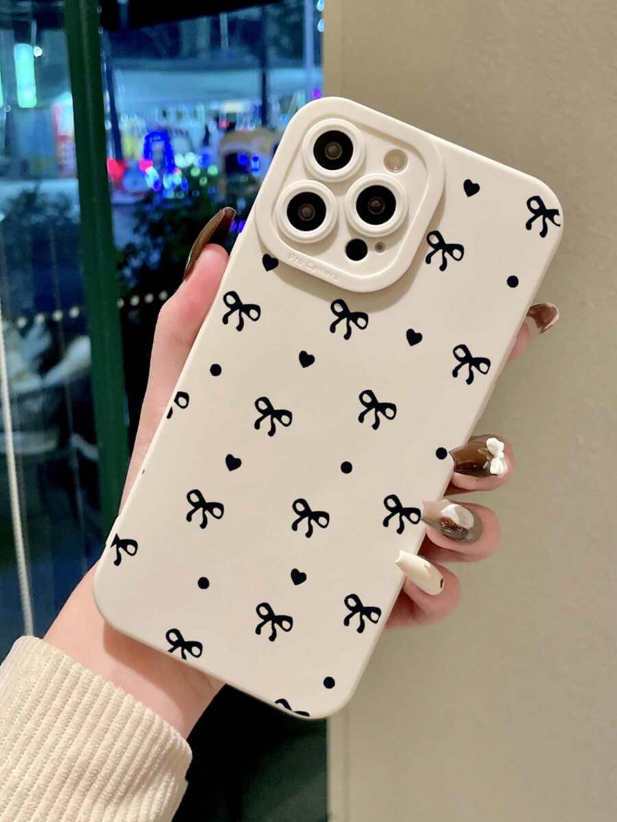 1pc Pink Bow Design Phone Case Compatible With IPhone Apple 15 Pro Max, 11/12/13/14 Plus, XR/7/8 Plus/14 Pro Max - White - View 1