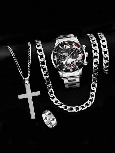 Conjunto de 5 piezas de moda para niño: reloj de cuarzo con correa de acero inoxidable, collar de eslabón cubano estilo hip-hop, pulsera y anillo - regalo ideal para vacaciones