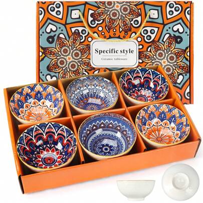 Set Of 6 Ceramic Bowls 10 Oz, Bohemian Ceramic Bowl Set, Bohemian Style Small Vintage Bowl Gift, 4 Color Kitchen Cutlery Serving Bowl, Can Hold Cereal, Soups, Desserts, Snacks, Fruit, Salads; Microwave, Oven, Refrigerator And Dishwasher - Perfect For Dining And Gifts