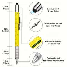 1pc 6 In 1 Multitool Pen Construction Tool, Gift Tool Pen, Multi Tech Pen With Ballpoint Pen, Ruler, Stylus, Level, Screwdriver, Personalized Pen - Multicolor - View 4