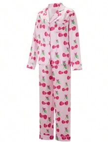 Womens Satin Silk Pajama Set Floral Fruit Cherry Print Long Sleeve Button-Up Tops Elastic Waist Long Pants Lounge PJs Sets 2 Piece Y2K Loungewear Cute Soft Comfy Sleepwear Jammies - 粉色 - 查看 4