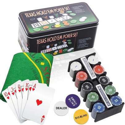 SHIXIONG Juego de fichas de póquer de 200 Piezas,Juego Texas Hold'em,Juego de Estrategia para Adultos y niños,con fichas,Caja de Acero y Mantel Profesional,Apto para Adultos y niños Mayores de 14 años