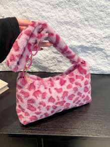 Leopard Print Fluffy Shoulder Bag (Print Placement Random), Perfectly Matching With Fall Outfits Women , Pink - Pink - View 2