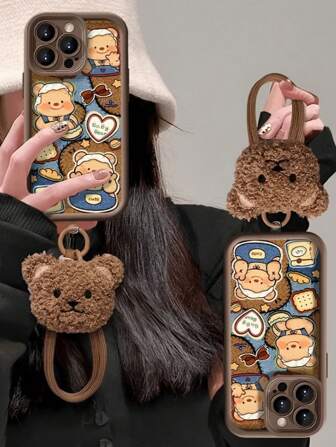 1pc Light Brown + Brown Bear Wrist Strap Case Compatible With Iphone 16PROMAX 11 12 13PROMAX 14PROMAX 15, Autumn/Winter Cute Bear Design Waterproof Shockproof Anti-Fall Scratch Resistant