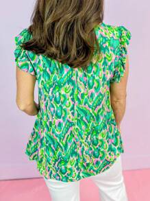 CILKOO Daily Casual Abstract Print Ruffled Trim Tied Split Neck Tank Top