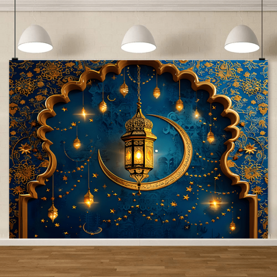 1pc Blue Eid Celebration Photo Background, Polyester Festival Photo Backdrop With Moon & Star Decorations, Eid Ramadan Party Photography Props