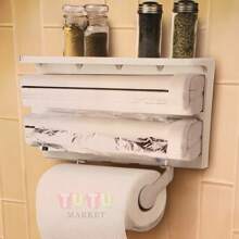 Organizador de cozinha 4 em 1, Suporte de toalhas de papel de parede 4 em 1, Organizador multifuncional de película aderente, Suporte de toalhas de papel de parede para cozinha, Dispensador de película aderente, Organizador de cozinha, Organizador de casa de banho, Organizador de película aderente para cozinha, Organizador de frascos de especiarias com cortador em cruz de plástico, Dispensador, Suporte de toalhas de papel e suporte sem broca, Prateleira de cozinha de parede, Acessório de cozinha, Produtos domésticos (Branco) - Blanco - Ver 1