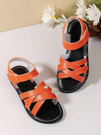 Kids Boys Girls Hook And Loop Cross Strap Open Toe Round Toe Orange Comfortable Slip On Flat Sandals, New Spring Summer Children Sandals