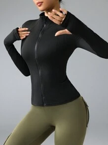 Chaqueta de mujer de ajuste slim con cuello alto y cremallera, ropa deportiva diaria con agujeros para los pulgares, adecuada para fitness, correr, yoga