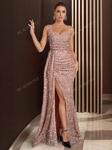 HOMEYEE Vestido sin mangas de mujer con lentejuelas y abertura, elegante vestido de noche con tirantes para fiesta, boda, banquete, invitada de boda, vestido de graduación