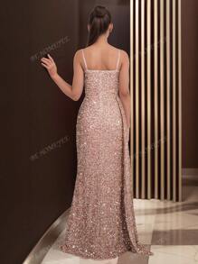HOMEYEE Vestido sin mangas de mujer con lentejuelas y abertura, elegante vestido de noche con tirantes para fiesta, boda, banquete, invitada de boda, vestido de graduación