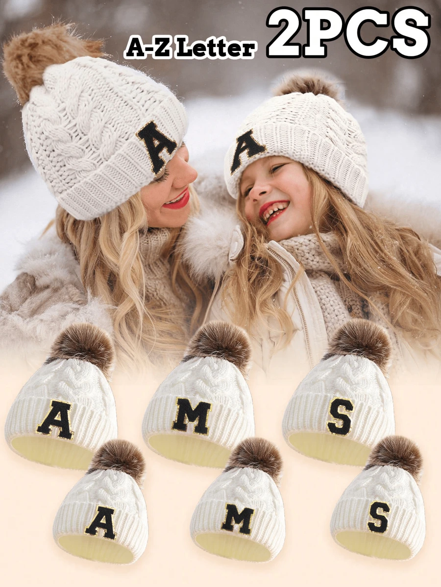 2pcs Parent-Child 26 Letters Pompom Soft Knit Warm Cute Personalized Fashion Beanies For Toddler Boys & Girls, Suitable For Infant Family Autumn Winter Daily Wear, Great As Christmas, New Year, Birthday Gift - White - View 1