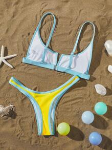 Women Contrast Color Strap Top And High Cut Bottom Sports Spaghetti Strap Bikini Set Set, For Summer Beach Vacation Elegant - Multicolor - View 2