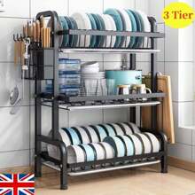 3 Tier Dish Drainer Rack With Drip Tray Cutlery Holder Plate Rack Kitchen Sink - Black - View 5