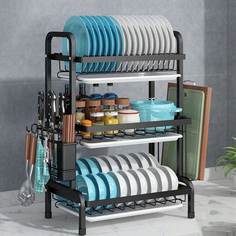 3 Tier Dish Drainer Rack With Drip Tray Cutlery Holder Plate Rack Kitchen Sink - Black - View 1